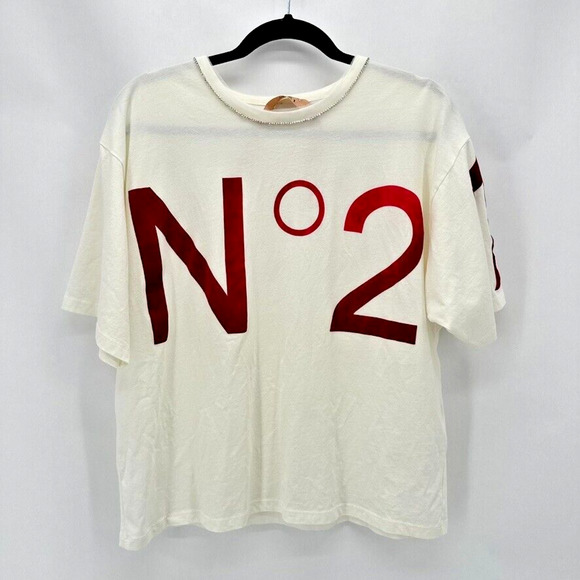 No. 21 Embellished T Shirt Ivory Red Velvet Logo Size 4 Rhinestone Glam Preppy - Picture 1 of 11